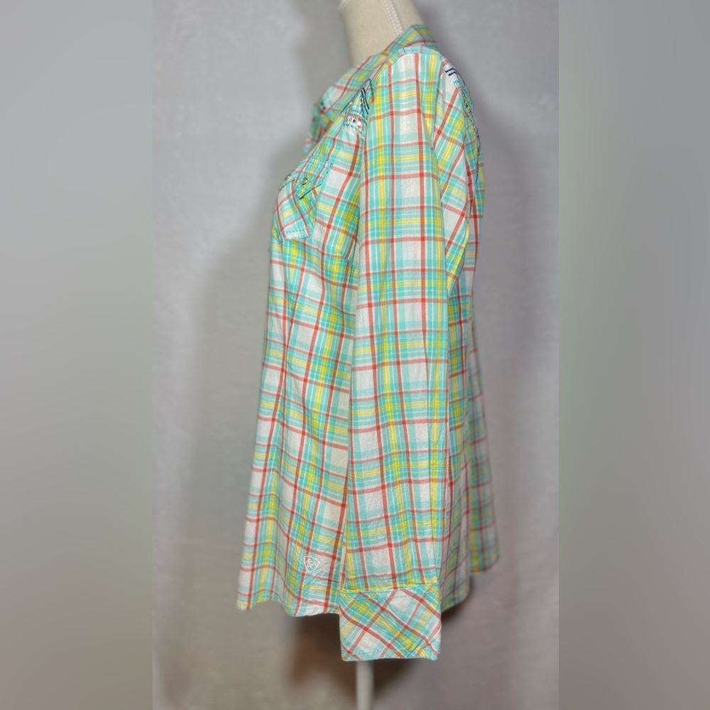 Ariat Plaid Snap Shirt L Western Pearl Snap Rhinestone Embroidered Multicolor - Picture 3 of 8